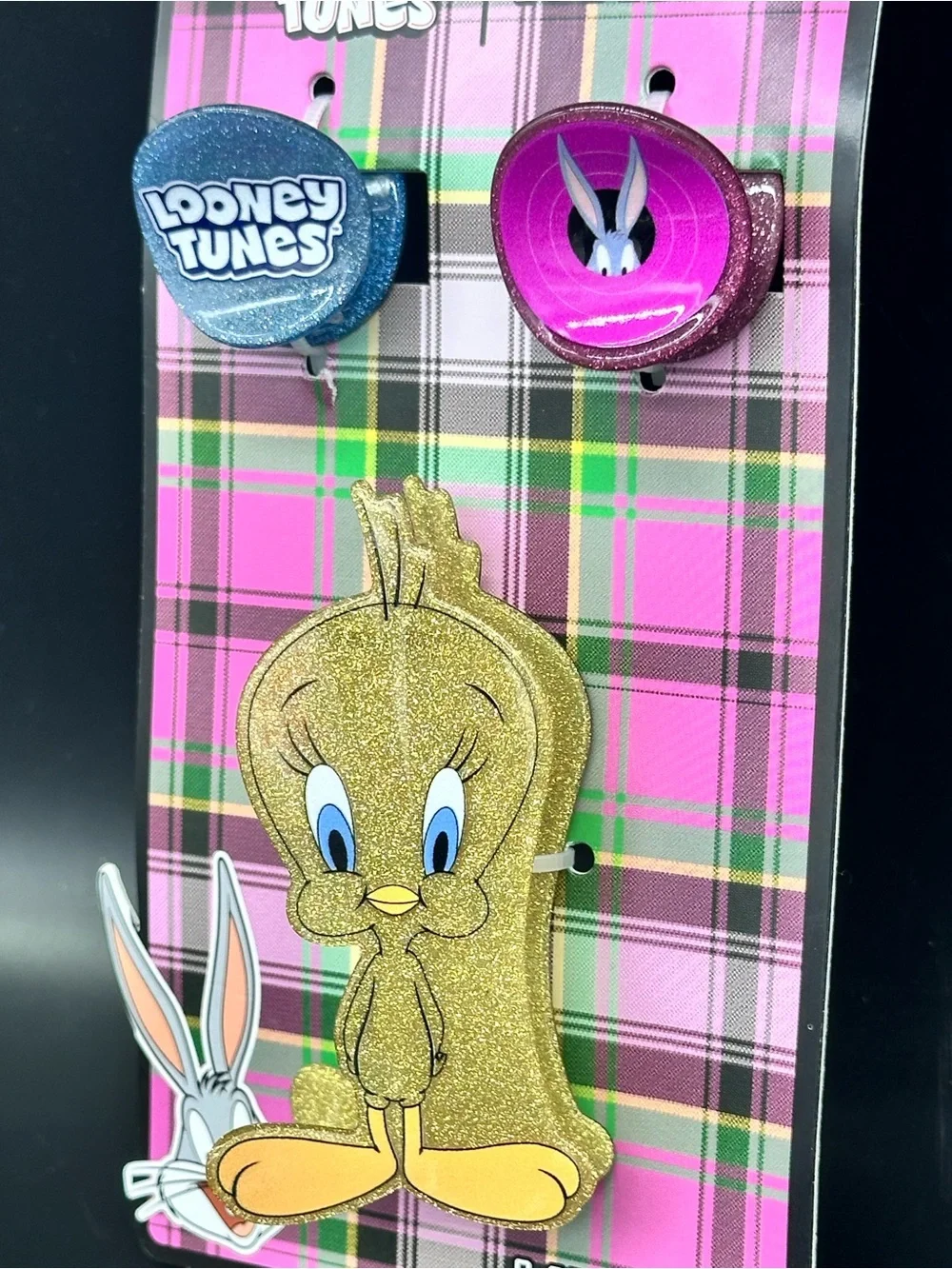 Justice Looney Tunes Plaid Hair Clip Set in Pink, Gold, Purple
